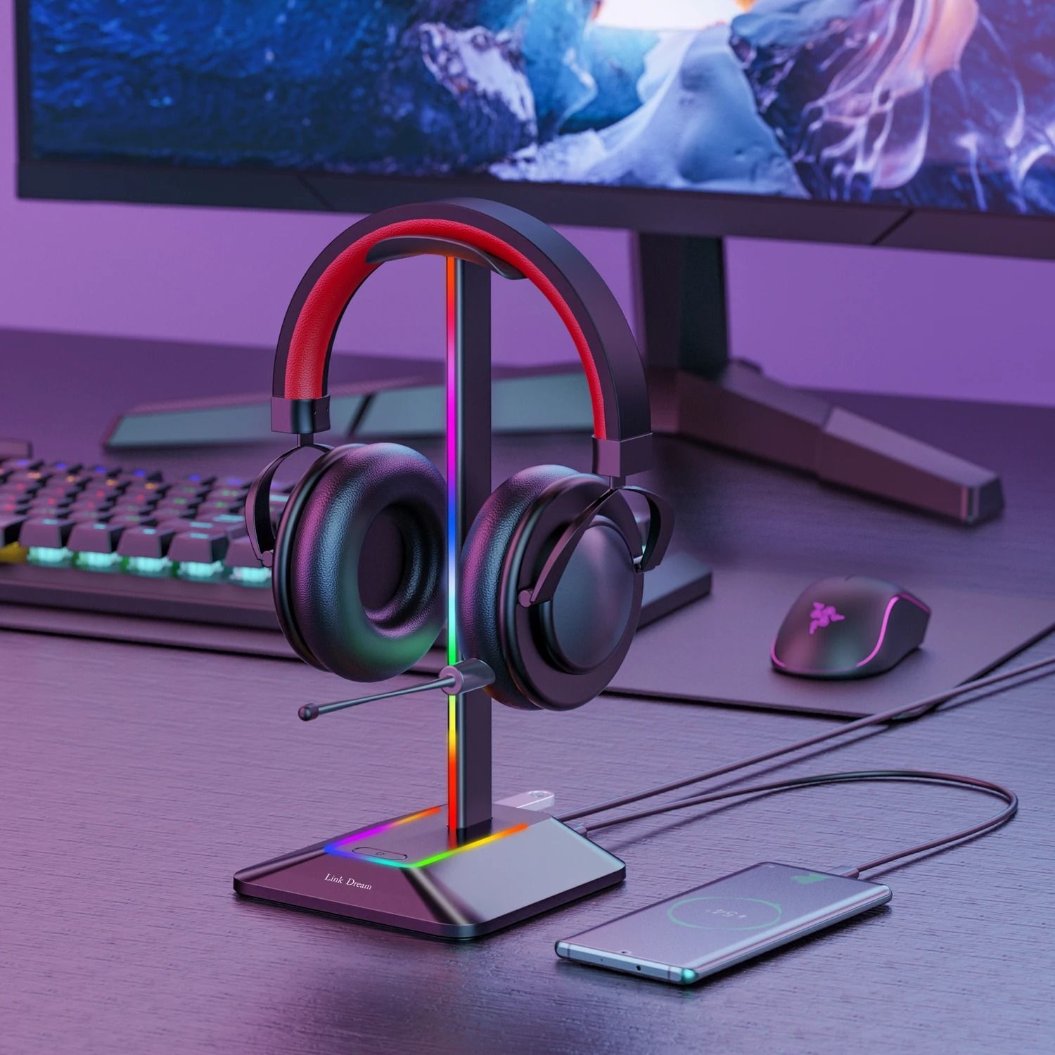 New Bee Z8 RGB Headphones Stand with USB Hub