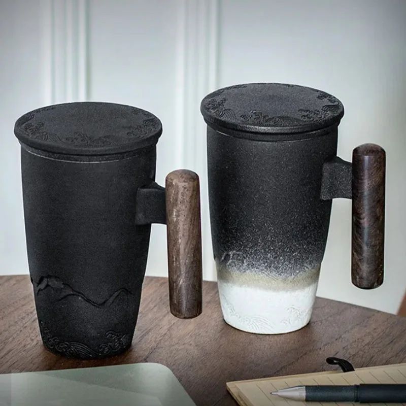 Retro Ceramic Mug with Wooden Handle and Lid