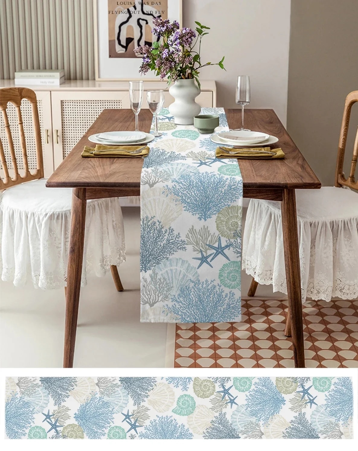 Blue Marine Coral Shells Starfish Linen Table Runner - Wedding & Kitchen Decor