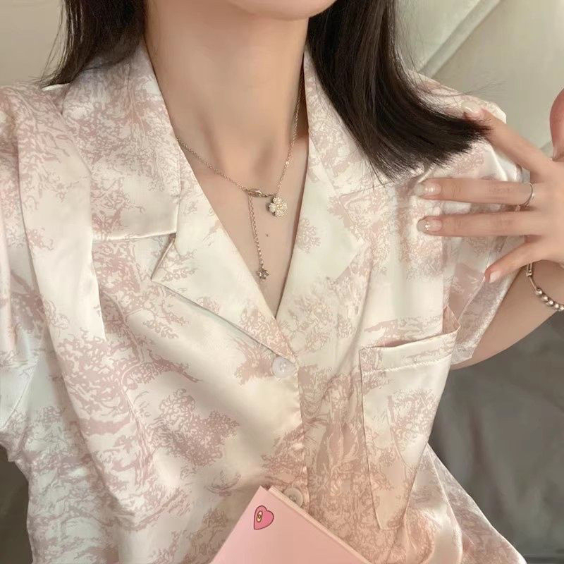 Women's Pink Cute Print Pajama Set, Soft Comfy Button Top and Shorts, Casual Loungewear Sleepwear Homewear Set