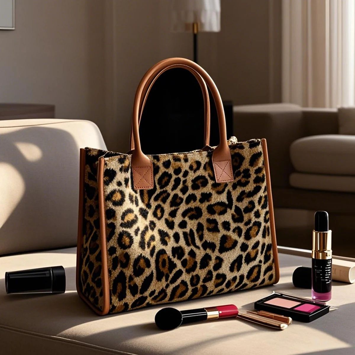 Yellow Leopard Print Plush Tote Bag for Women – Autumn Winter Fashion Shoulder Handbag, Soft Faux Fur Exquisite Everyday