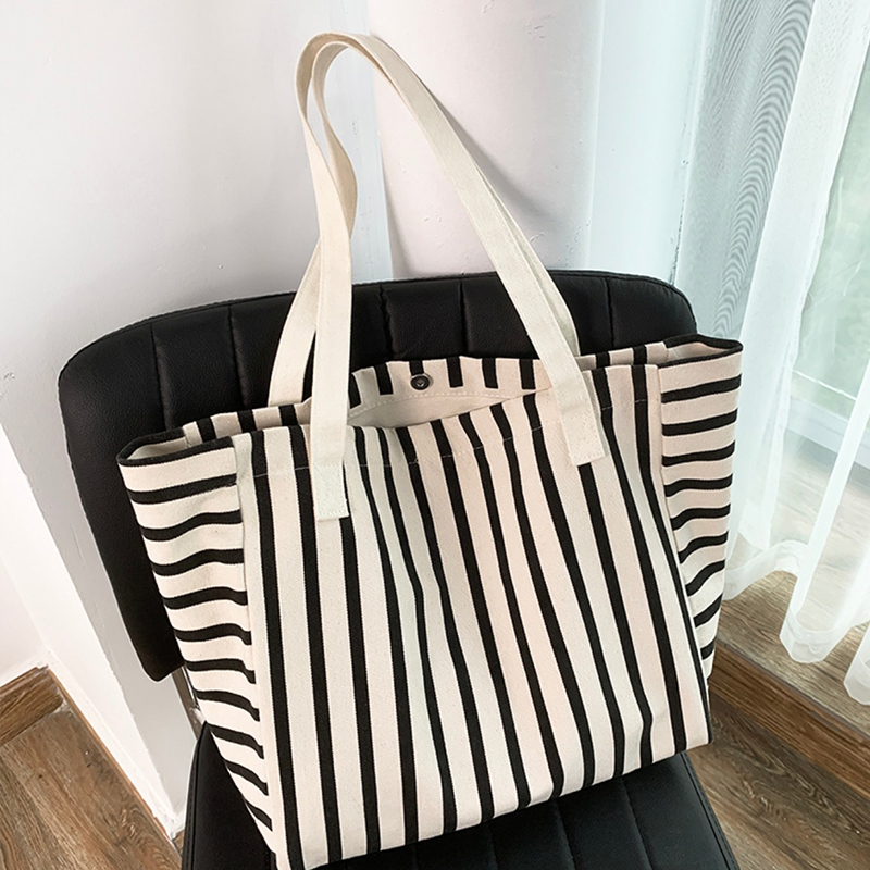 Striped Canvas Beach Tote Bag Large Capacity Summer Shoulder Handbag for Women