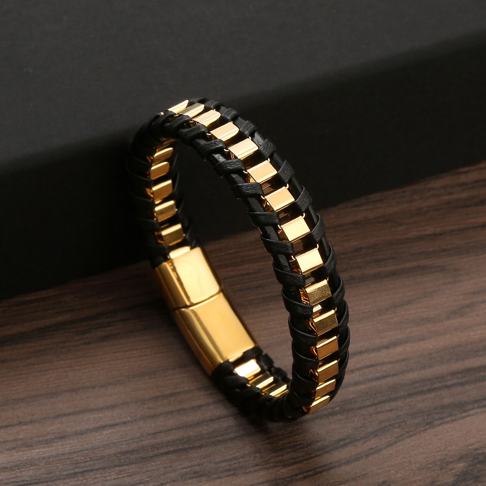 Charming Classic Hand Woven Leather Bracelets for Men, Gold Black Stainless Steel Jewelry, Punk Hip-Hop Bracelet Gift