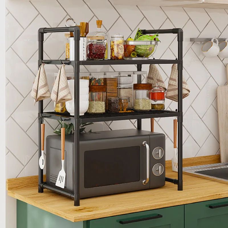 Adjustable Microwave Shelf Kitchen Counter Organizer Rack with Hooks