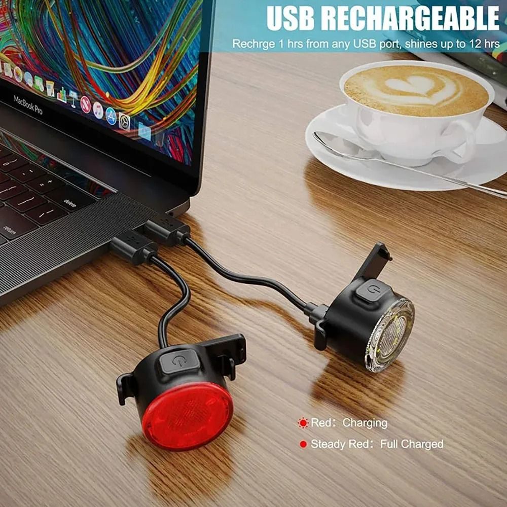 Increase your visibility and safety during night rides with this rechargeable bike light set featuring both front and re