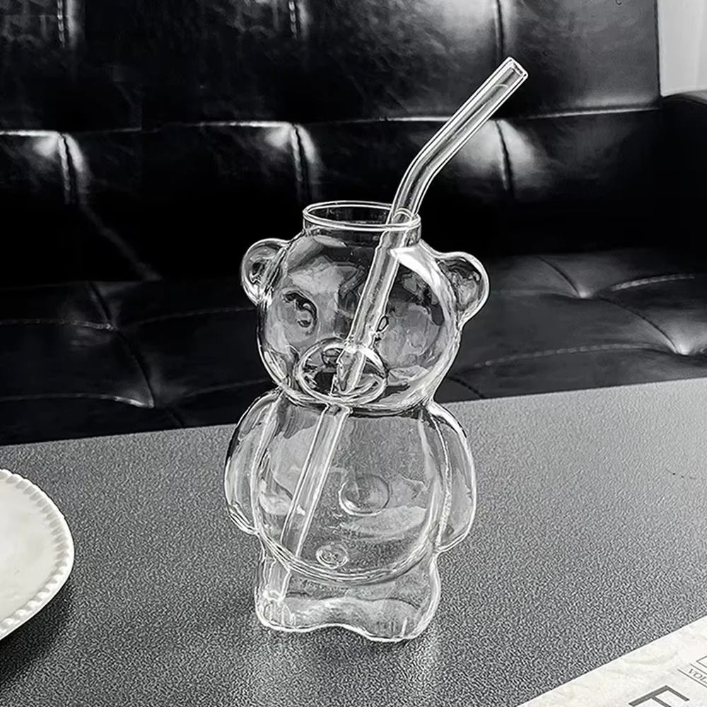 Cartoon Bear Glass Mug – 10.8 oz Creative Transparent Cup with Straw