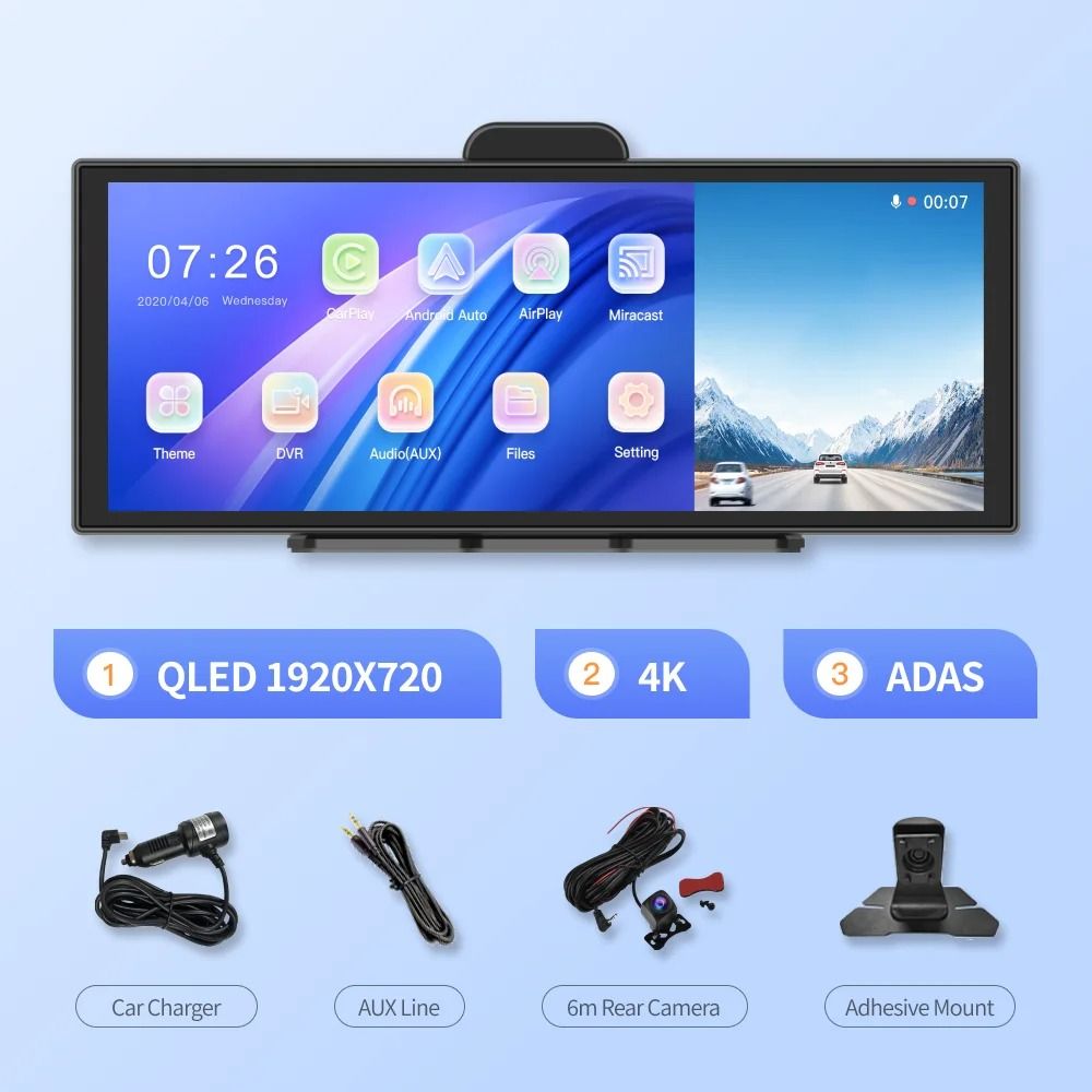 11.4 inch 4K Dash Cam with Wireless CarPlay and Android Auto