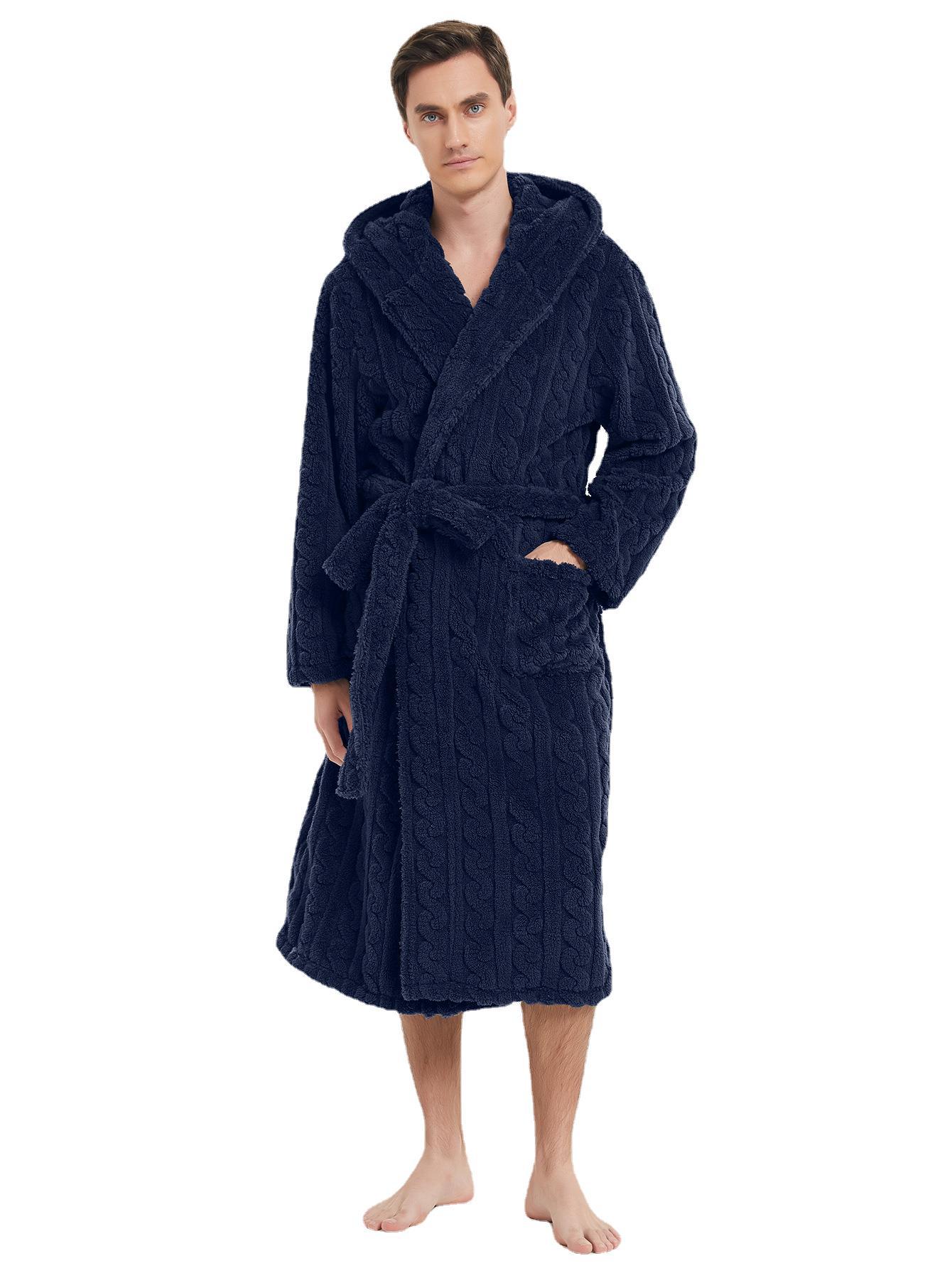 Men's Warm Robe Pajamas for Fall and Winter, Couple Robe Shu Cotton Velvet Jacquard Hooded, Thickened Couple Robe