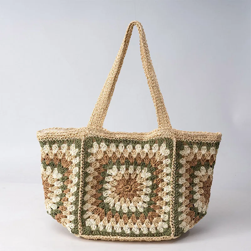 Boho Ethnic Crochet Tote Bag, Granny Square Straw Shoulder Bag, Summer Beach Handbag for Travel, Casual Woven Purse