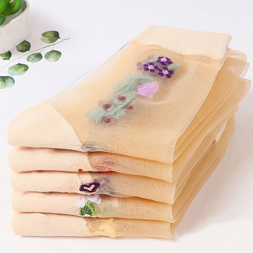 5 Pairs Ice Silk Socks Women Spring Summer Mid Tube Breathable Anti Slip Crystal Thin