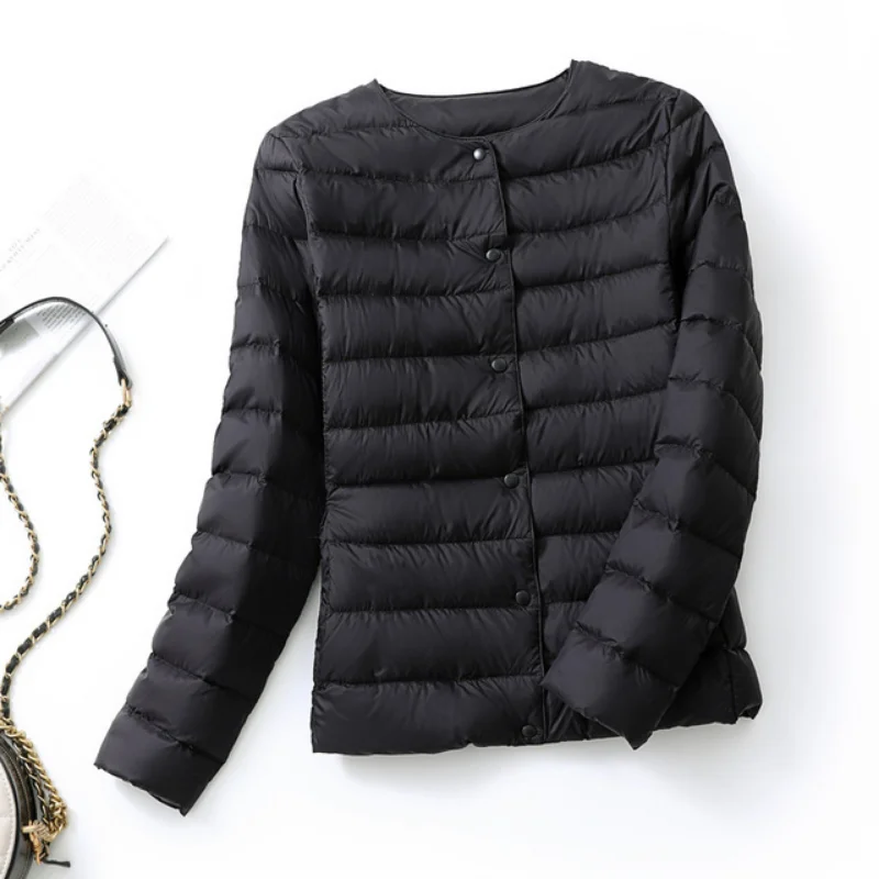 Ultralight Women's Puffer Jacket, Collarless Down Parka, Portable Warm Liner for Spring Winter