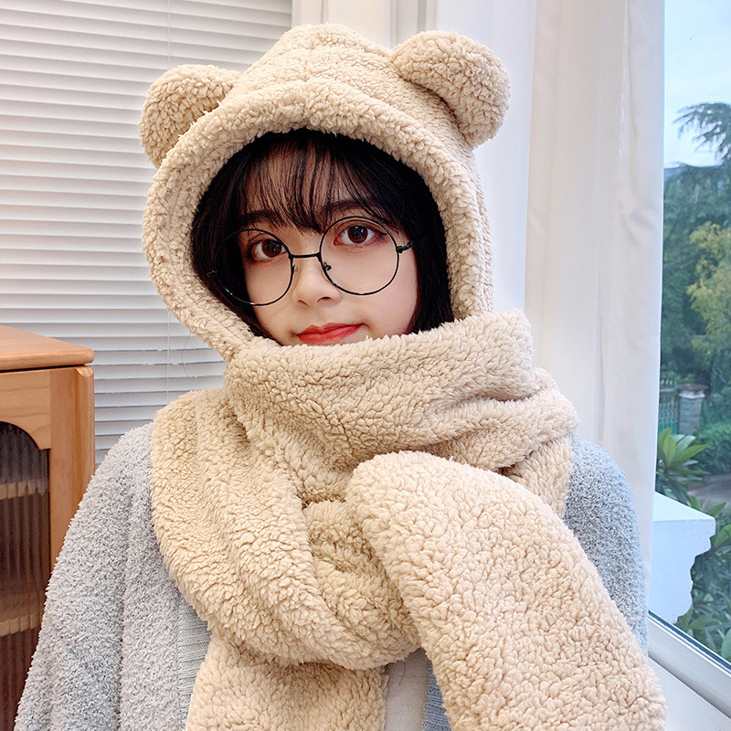 Teddy Bear Hat Women's Autumn Winter Plush Scarf One-piece Hooded Gloves Three Piece Warm Set