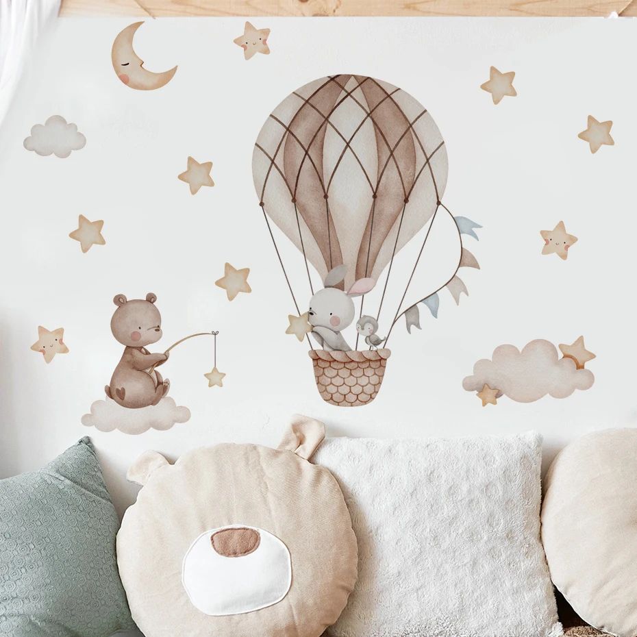 Dreamy nursery wall decals with Bear & Rabbit Hot Air Balloons for Kids Room