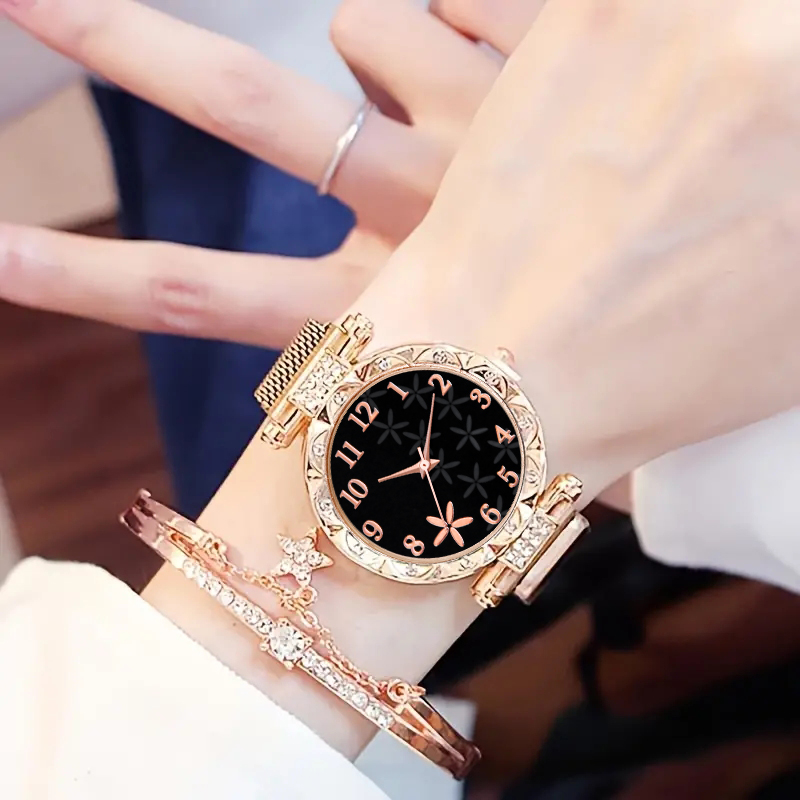 Elegant Womens Mesh Strap Watch Set with Star Bracelet, Magnet Buckle Analog