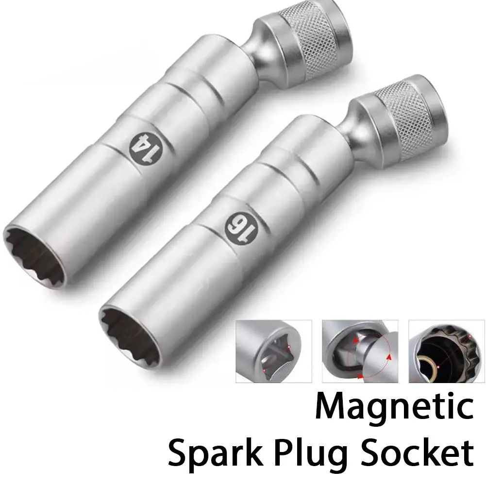 3/8 Inches Drive Magnetic Swivel Spark Plug Socket Set 14mm/16mm – 12-Point Universal Joint Plug Removal Wrench