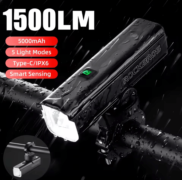 ROCKBROS 1500 Lumen Bike Headlight USB Rechargeable Waterproof Front Lamp
