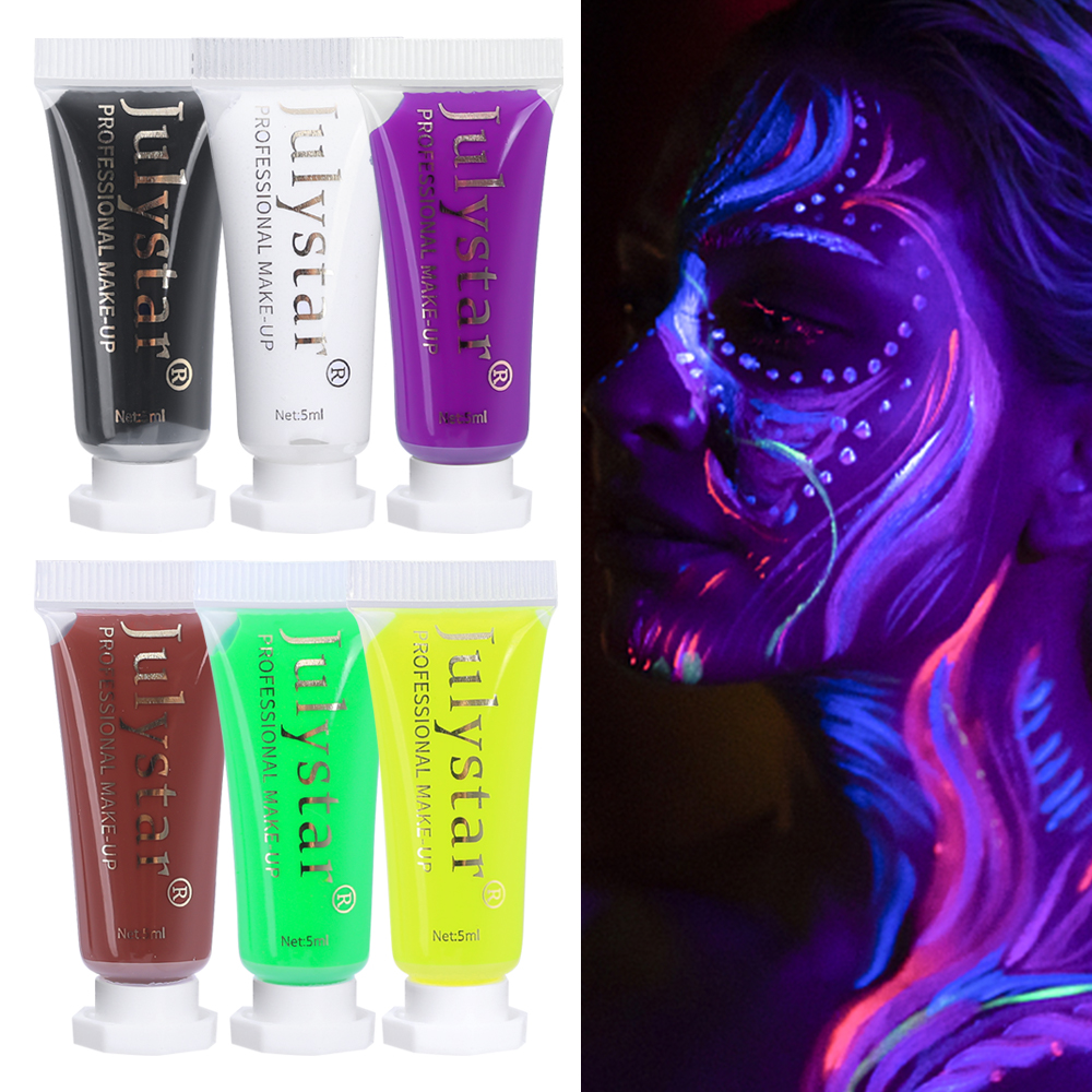Fluorescent Body Painting Pigments 6 Colors, Safe Non Toxic Glow Paint for Face Body Halloween Party and Dark Events