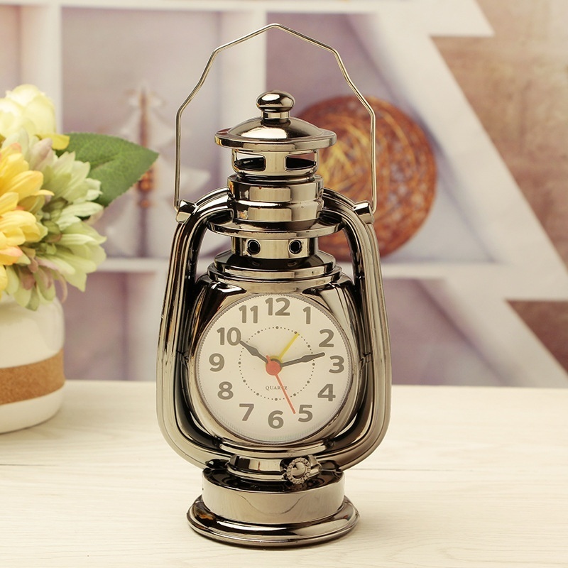 Vintage Oil Lamp Alarm Clock Retro Table Clock Night Light Decor