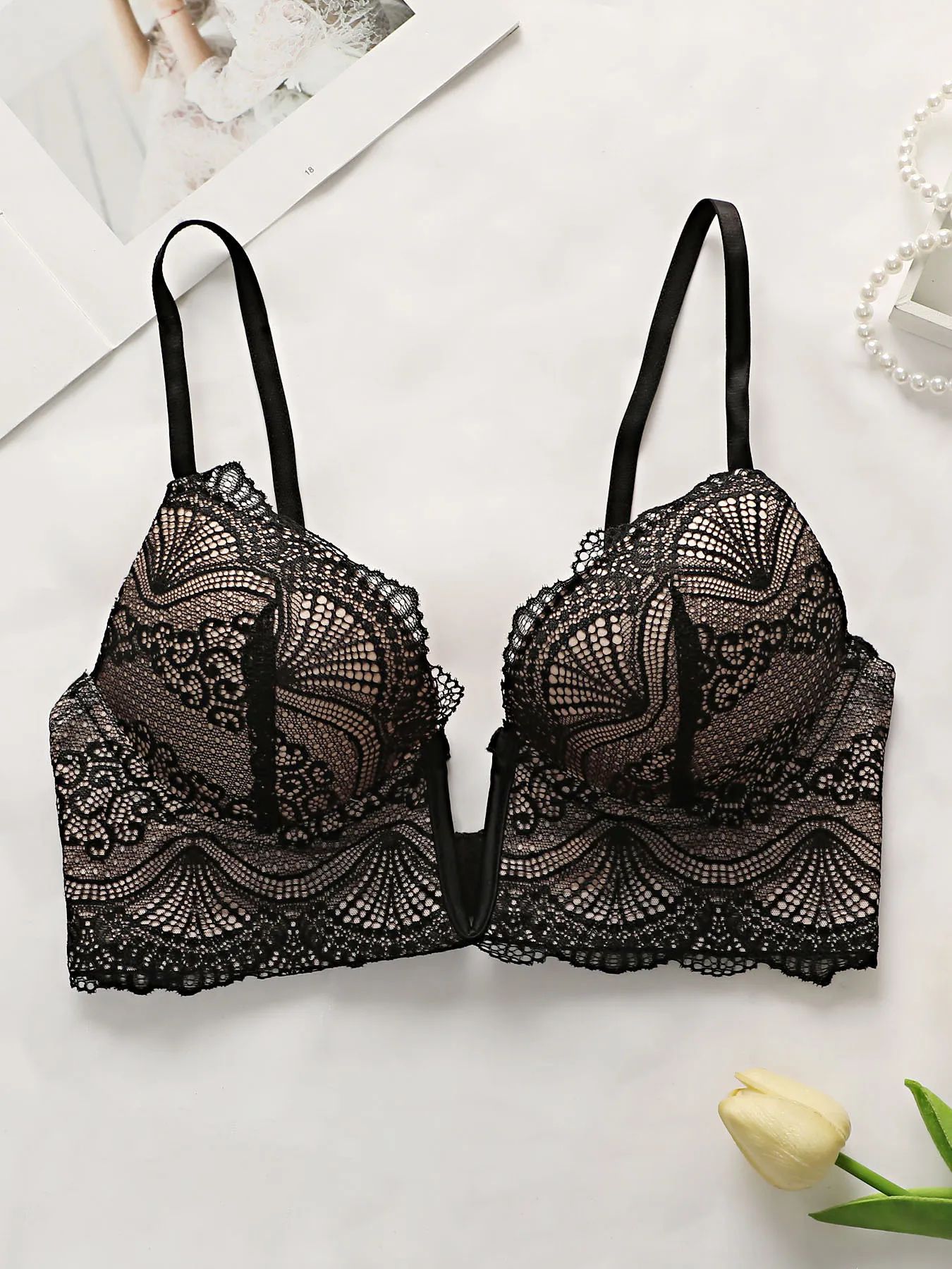 Viomisha Lace V-Neck Push-Up Bra – Underwire Padded Half Cup Lingerie U056