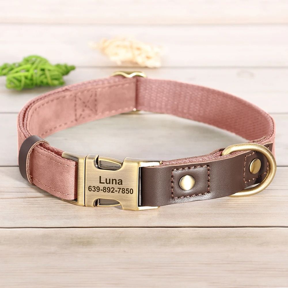 Custom Engraved PU Leather Dog Collar Adjustable ID Buckle
