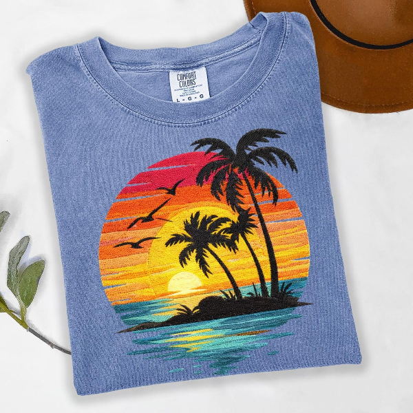 Sunset Palm Tree Shirt Tropical Beach Graphic Tee Summer Vacation Outfit