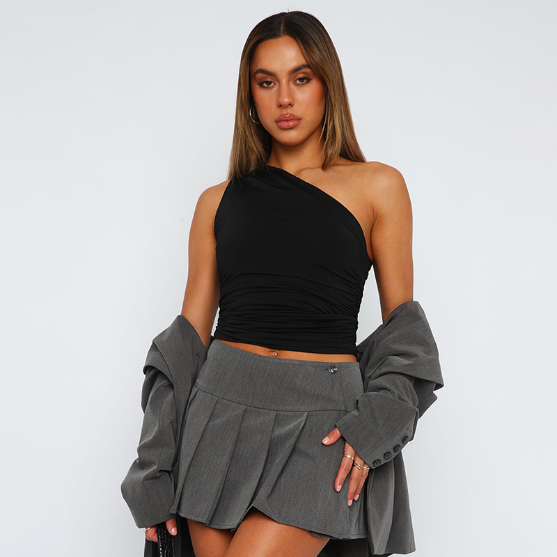 Sexy Solid Color One Shoulder Backless Shrink Tank Top, Slim Candy Color Sleeveless T-Shirt, Tight Casual Top for Women