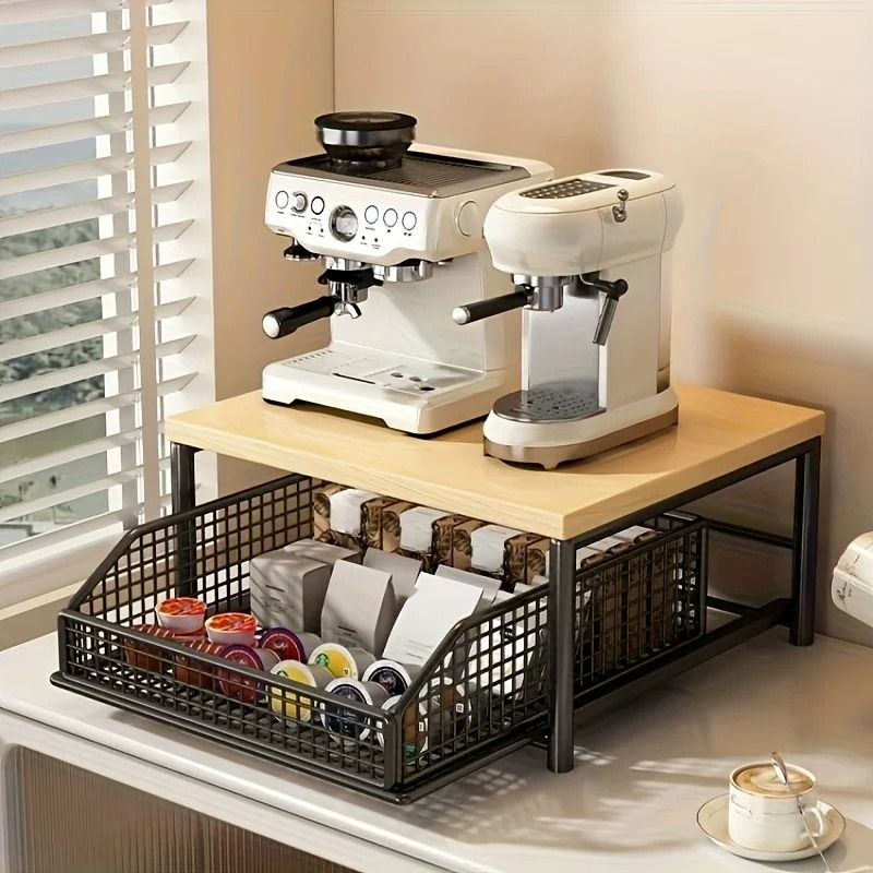 Basalt Horizon Loft | Modern Microwave & Appliance Storage Rack with Slide-Out Caddy