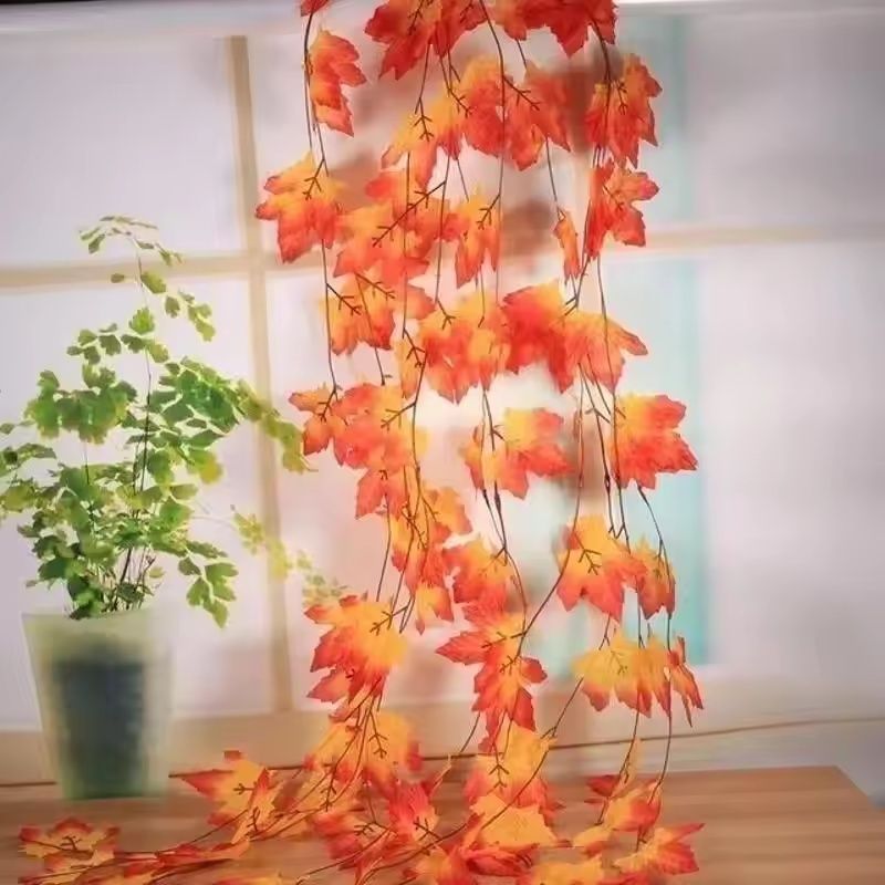 2.3M Autumn Red Maple Leaf Vine | Simulated Foliage Wreath for Thanksgiving, Halloween & Festive Decor