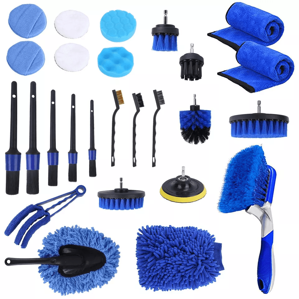 Complete Car Wash Cleaning Kit with Detailing Drill Brushes, Interior, Exterior, Wheel, Tire & Engine Care Essentials