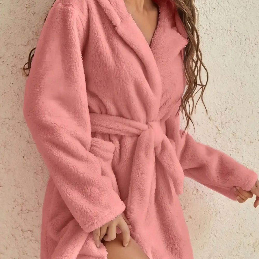 Womens Hooded Fleece Robe with Belt Cozy Autumn Winter Loungewear