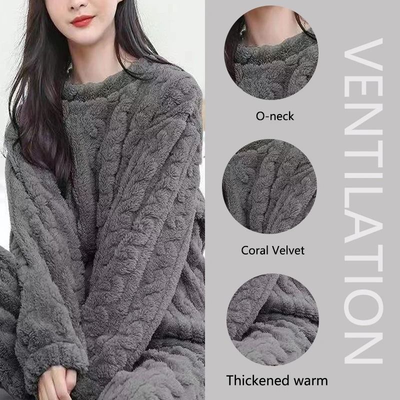 Womens Thickened Flannel Pajama Set with Long Sleeves