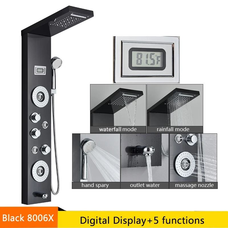 LED Rainfall Shower Panel with Digital Display and Massage Jets