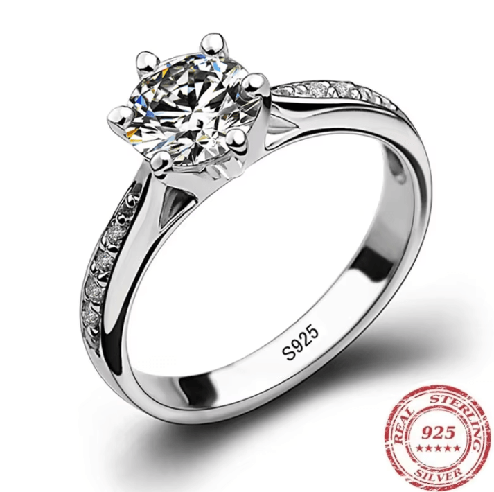 Luxury 925 sterling silver ring Classic Six-Claw Diamond Imitation Jewelry Ring for Women