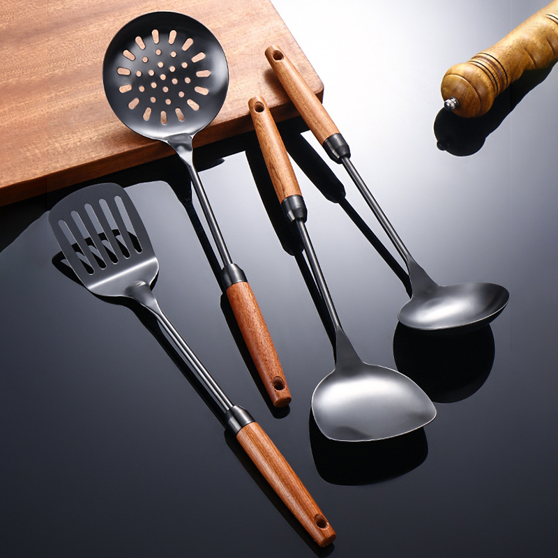 Stainless Steel Kitchen Utensils, Wooden Handle Sabli Spatula, Black Soup Spoon, Golden Kitchen Tools, Leaking Spatula