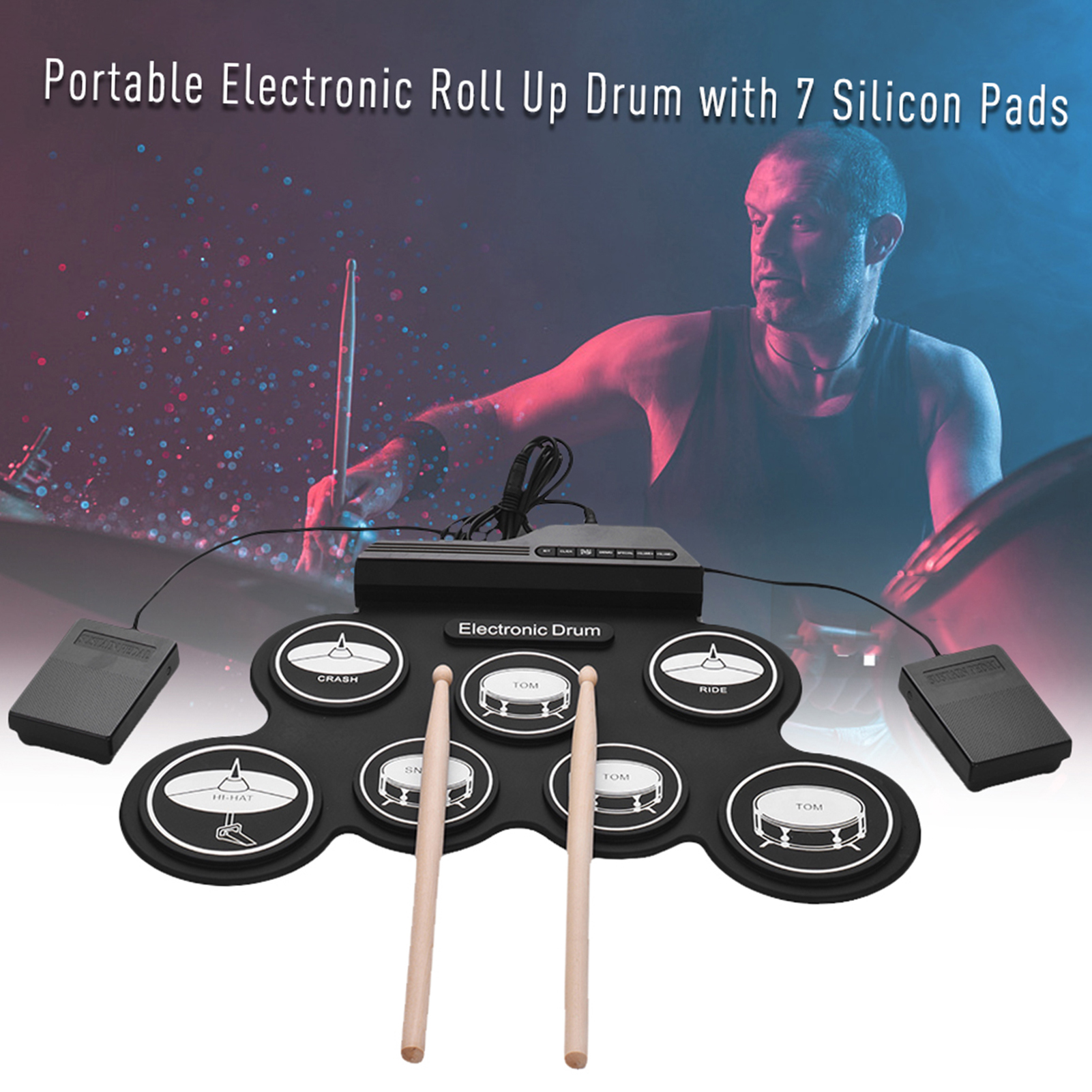 Portable USB Roll Up Electronic Drum Set Compact, Foldable, Electric Drums Kit with Pedal for Practice