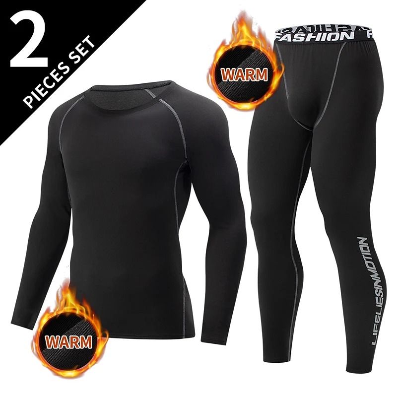 Men Thermal Long Sleeve Top and Pants Set for Winter Training