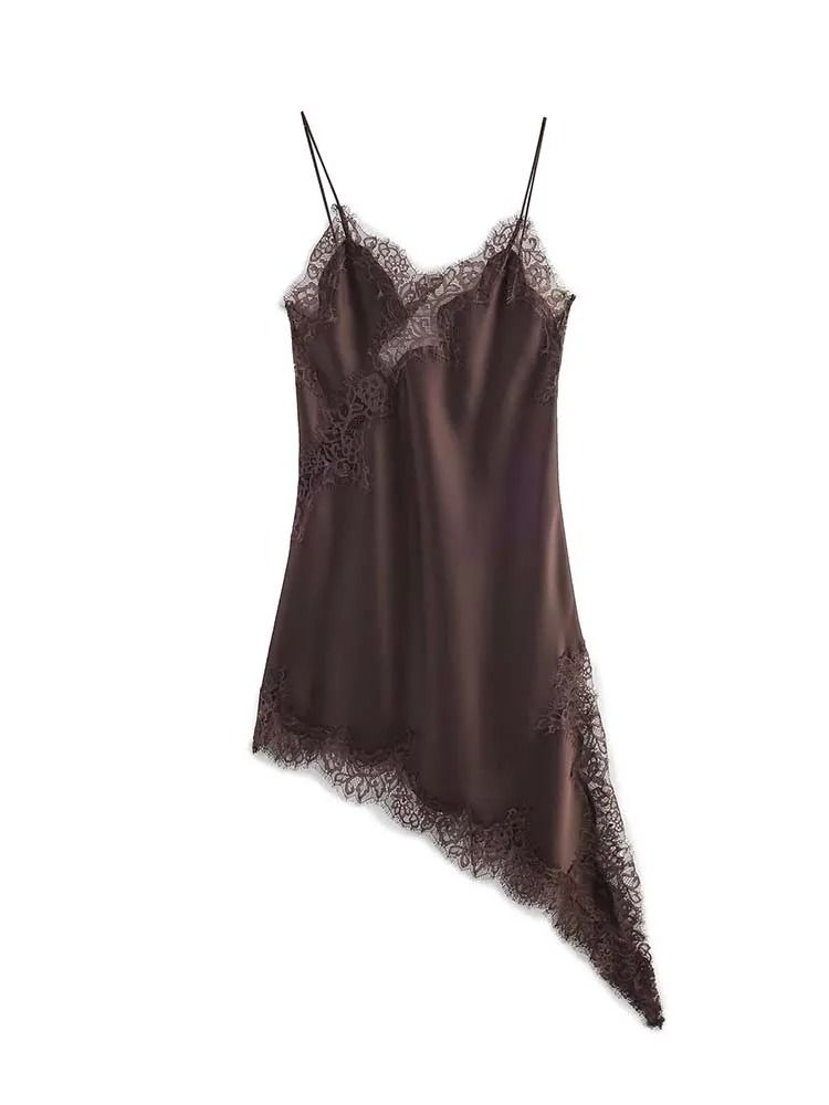 Women Fashion Sexy V Neck Lace Elegant Halter Dress Asymmetric Hem