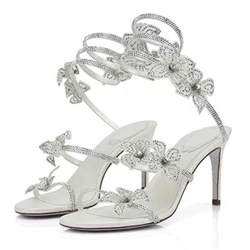 Sexy Crystal Flower Thin High Heels, Narrow Band Women Sandals, Ankle Strap Street Style Pole Dancing Ladies Shoes