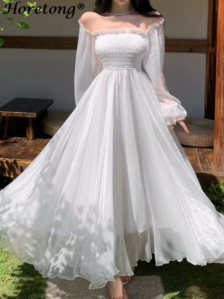 Elegant White Off-Shoulder Maxi Party Gown – Flowy Ruffle Holiday Dress