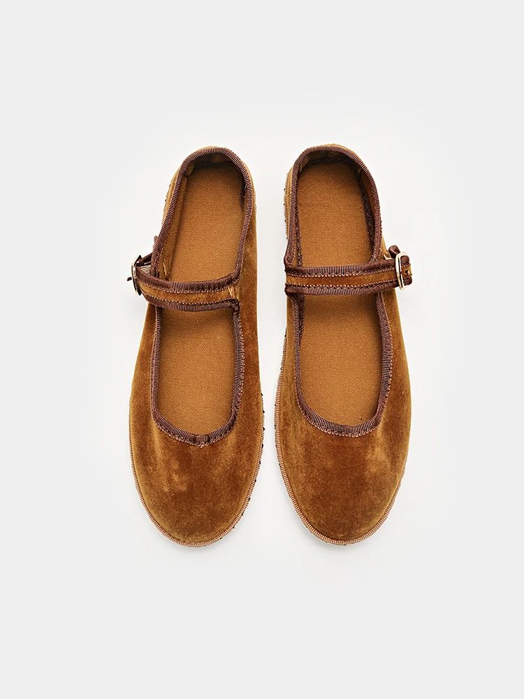 Women Velvet Mary Jane Shoes Hand Stitch Solid Red Flats, Casual Streetwear Cloth Ballet Pumps Loafers