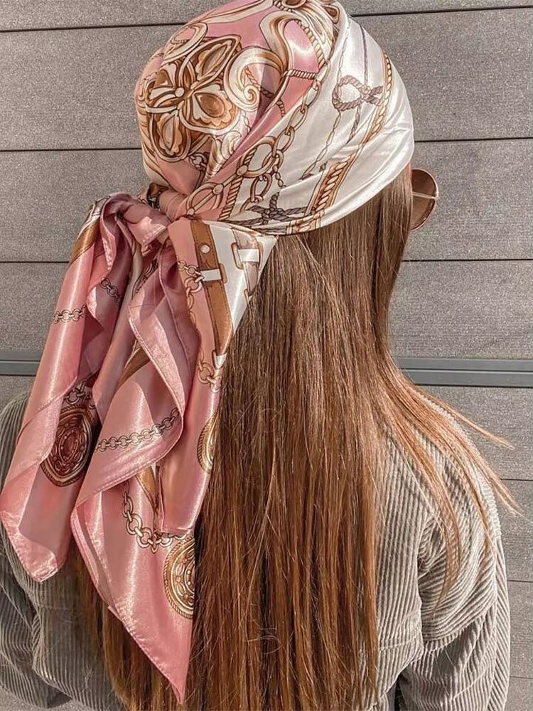 Fashion Print Silk Satin Headband Scarf for Women – 35.43x35.43in Hijab, Bandana, Neck Wrap & Sun Protection Shawl