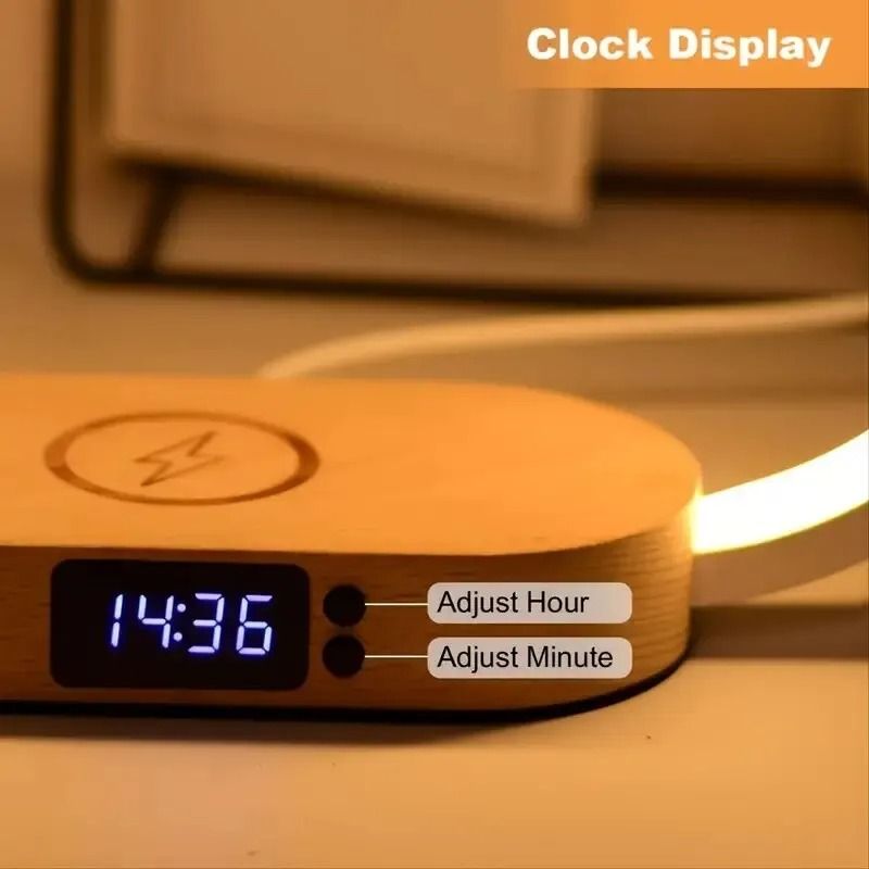 Multifunction Wireless Charger Stand Clock LED Desk Lamp with USB Fast Charging Dock