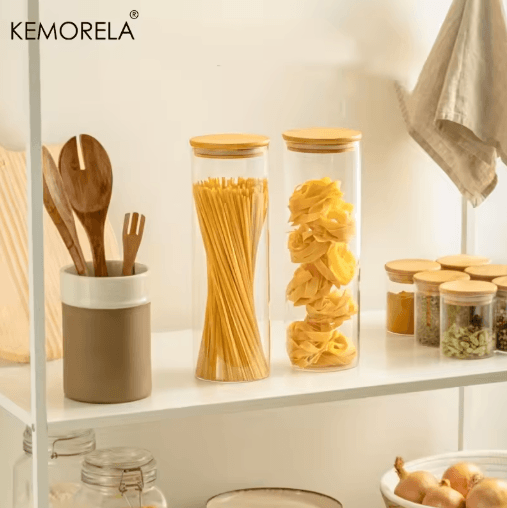Airtight Glass Pasta Storage Jars with Bamboo Lids Reusable Round Containers (1/2 PCS)