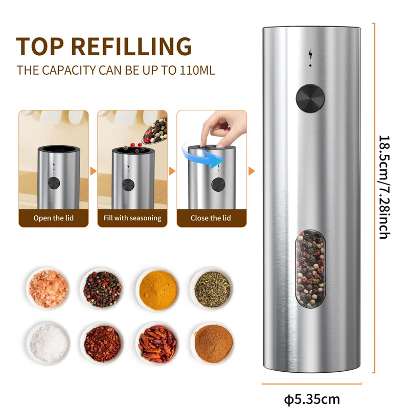USB C Fast Charge, Stainless Steel Salt Pepper, Auto Adjustable Coarseness Grinder Set, LED Indicator Kitchen Restaurant