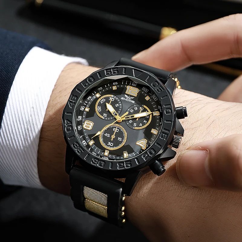 Refined Sport Luxe Silicone Quartz Watch with Faux Three-Eye Dial Design