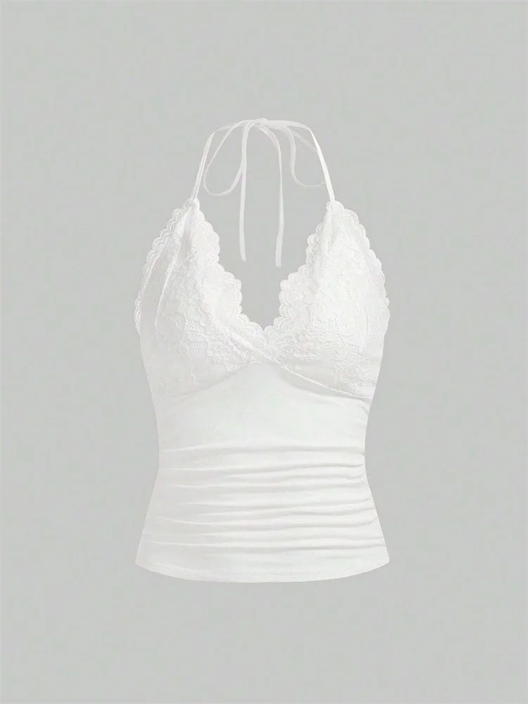 Lace V-Neck Halter Backless Crop Top – Ruched Y2K Grunge Goth Cami