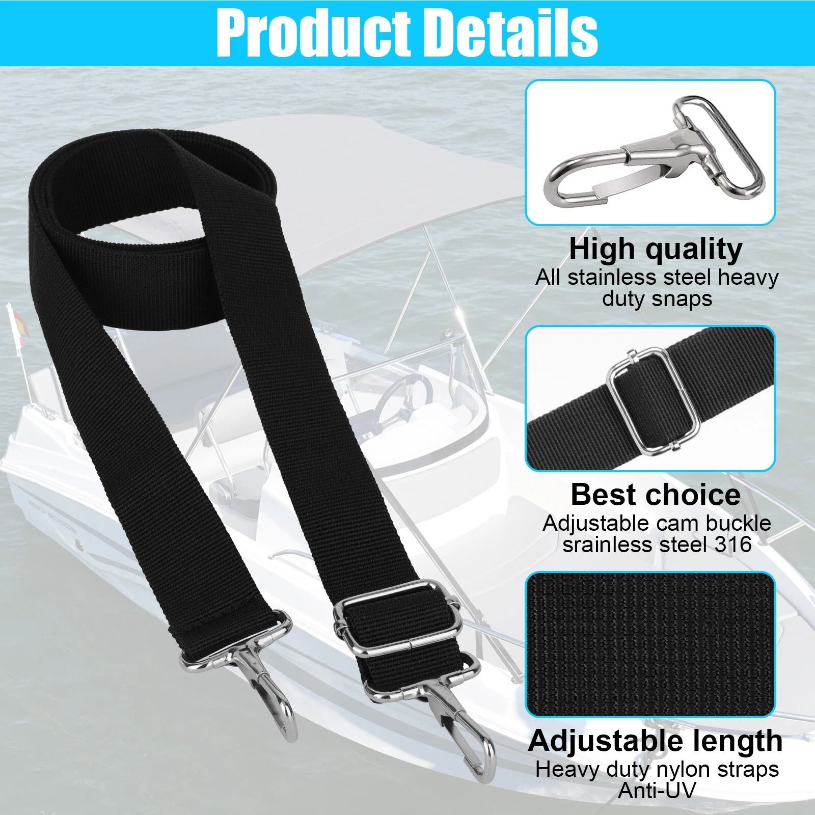 Adjustable Top Tie Down Straps with Stainless Steel Hooks