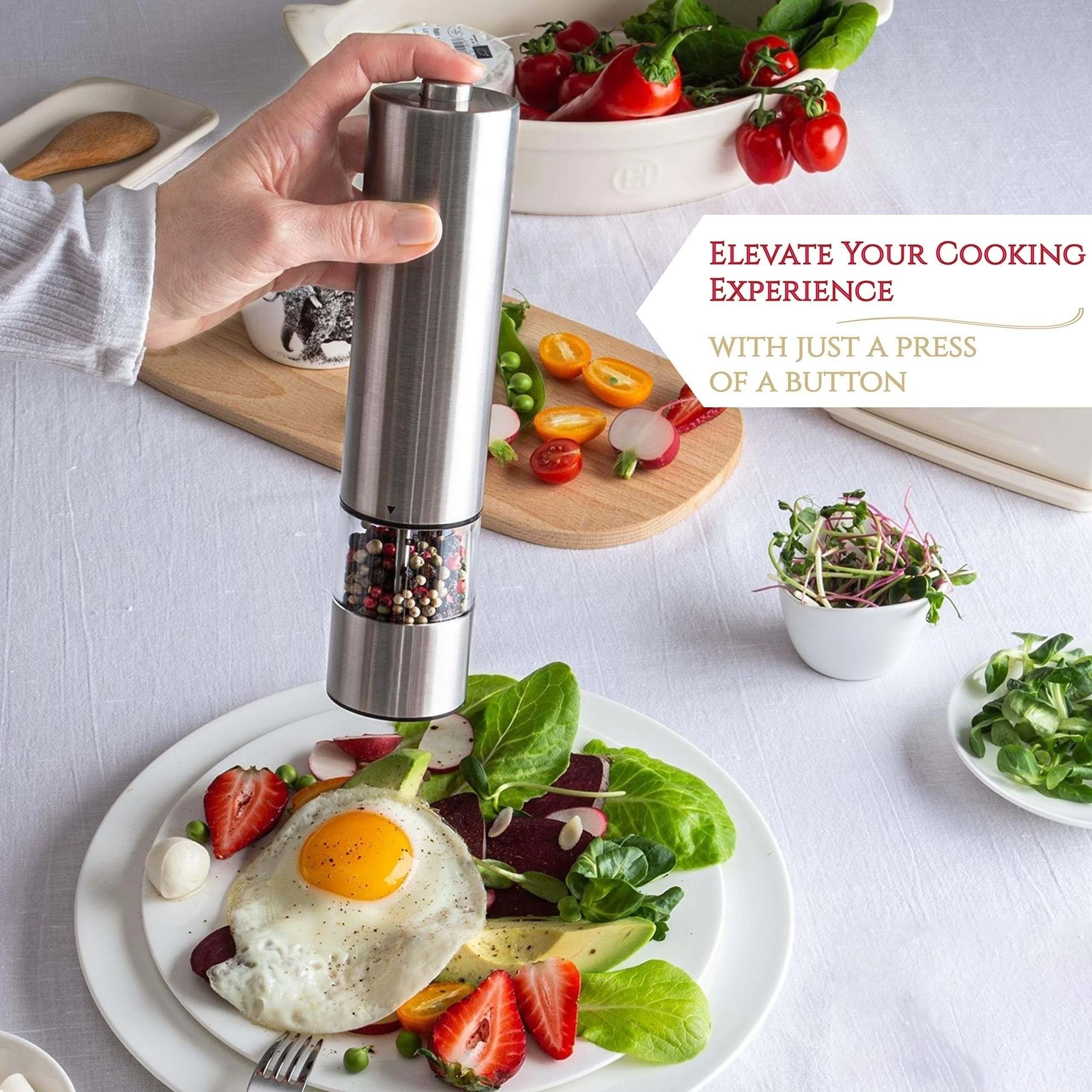 AutoGrind Electric Salt and Pepper Grinder Stainless Steel Automatic Pepper Mill One Hand Operation with LED Light