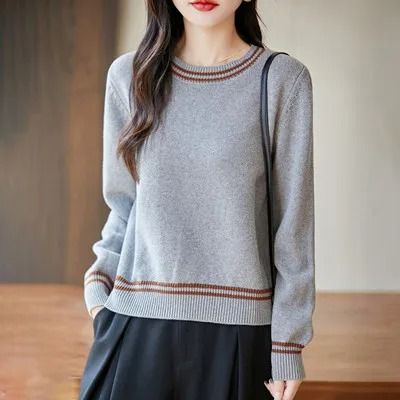 Autumn Winter Women Pure Cotton Knitted O-Neck Pullover Sweater