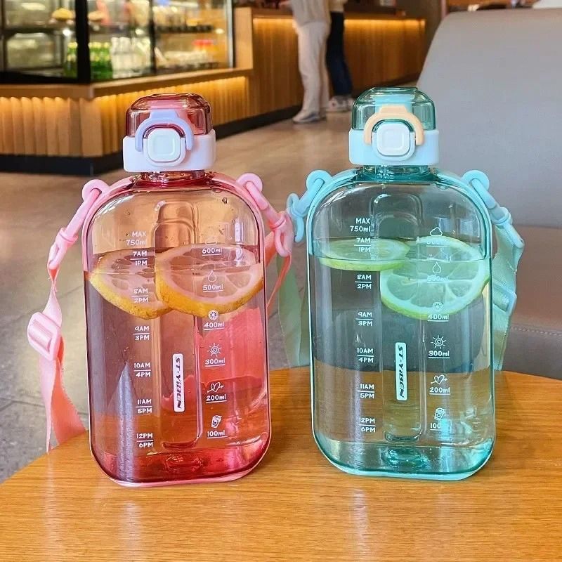 750 ML Flat Water Bottle with Time Marker Leakproof Portable Sports Bottle